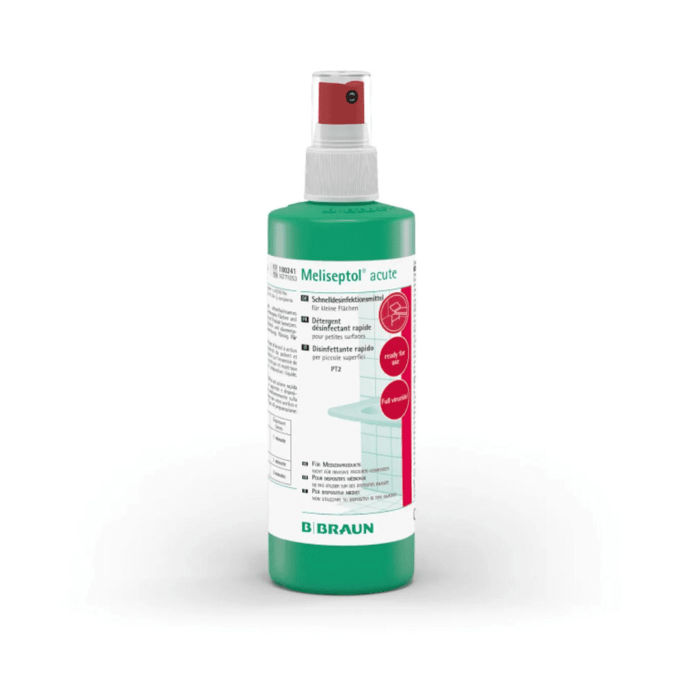 Ta B. Braun Meliseptol® acute – dezinfekce povrchů B. Braun Přípravek Deutschland GmbH & Co. KG je určen pro povrchy odolné vůči alkoholu a dodává se v zeleno-bílé láhvi s červenou tryskou. Na etiketě jsou uvedeny podrobné pokyny k použití jako komplexního virucidního dezinfekčního prostředku na povrchy, jakož i bezpečnostní informace.