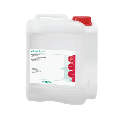 Jeden B. Braun Meliseptol® – prostředek pro akutní dezinfekci povrchů v nádobě s bílým tělem a červeným uzávěrem – je určen k použití na povrchy odolné vůči alkoholu a nabízí komplexní virucidní účinky od B. Braun Německo GmbH & Co. KG.