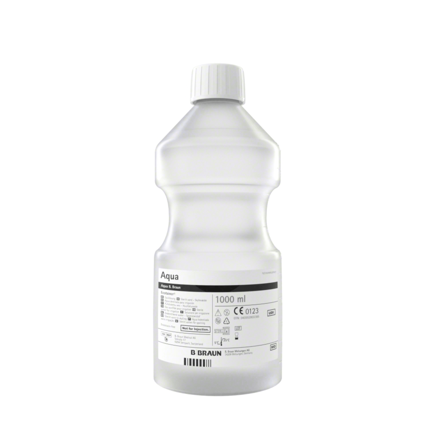 B. Braun Aqua Ecotainer® Topická oplachovací roztok, průhledná plastová láhev s objemem 1000 ml, je vyrobena z ekologického polypropylenu. Má bílý uzávěr a je označena různými symboly a texty, včetně značky B. Braun a pokynů pro použití topického oplachovacího roztoku.