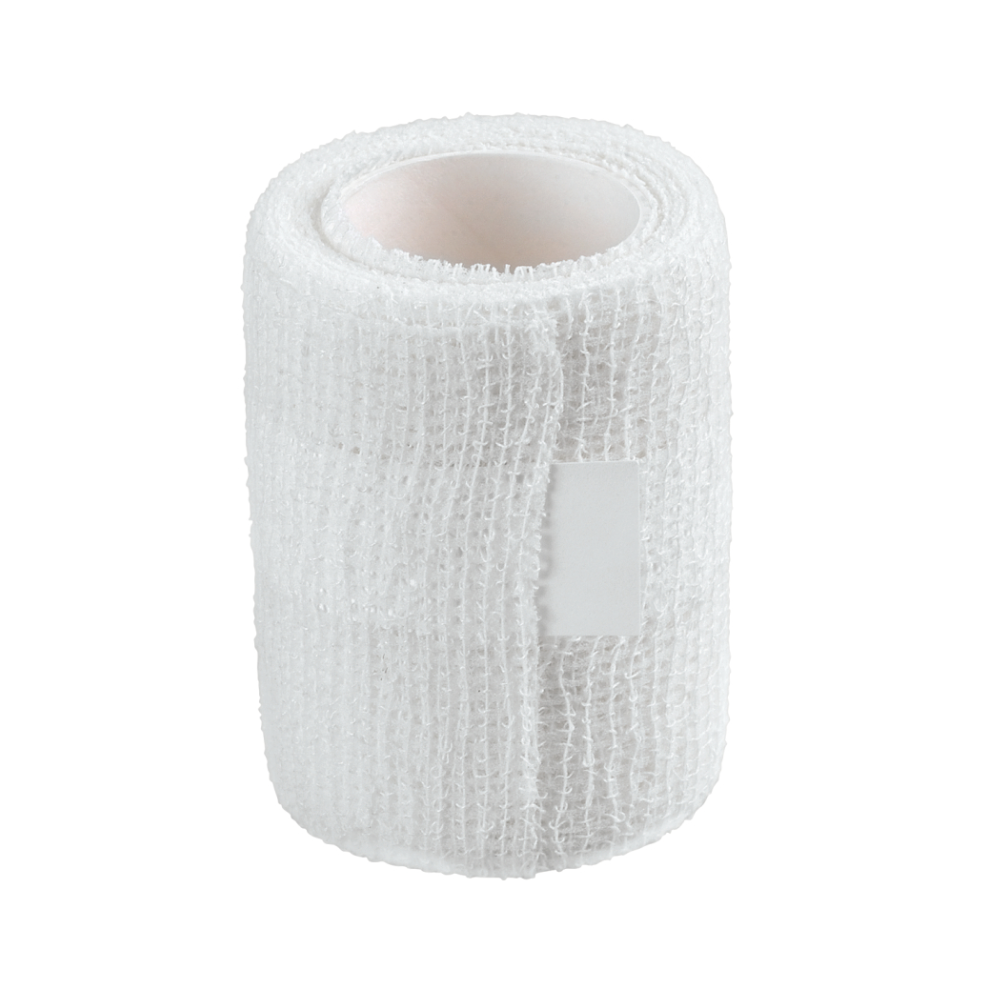 Jedna role B. Braun Askina® koheze fixační obvaz, latex-free lékařský gázový obvaz, který je známý svou vynikající kožní snášenlivostí, od B. Braun Deutschland GmbH & Co. KG, stojí vzpřímeně na jednoduchém bílém pozadí. Strukturovaný obvaz má malou lepicí plochu, která je viditelná blízko středu role o rozměrech 6 cm x 20 m.