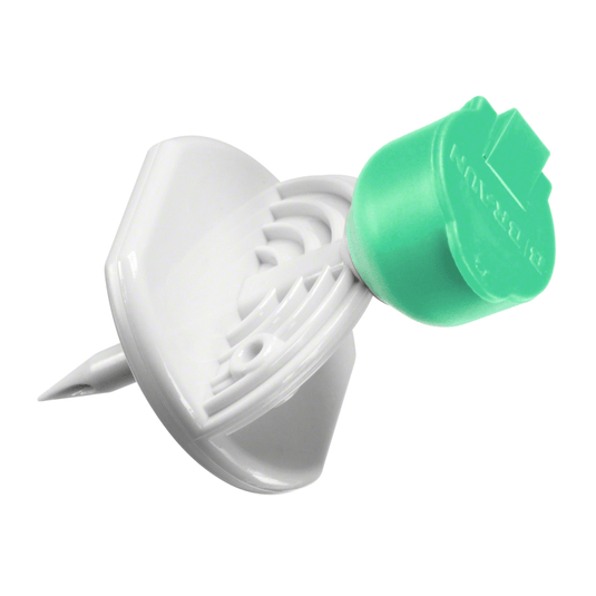 Připínáček B.Braun Mini-Spike® od B. Braun Deutschland GmbH & Co. KG v zeleno-bílém plastovém provedení s plochou, kulatou horní stranou a špičatým koncem; spodní strana je vyrobena tak, aby se zabránilo hlubokému proniknutí do povrchu.