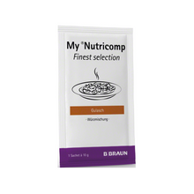 Jeden sáček B. Braun My Nutricomp Finest Selection směsi koření „Guláš - kořenící směs“ od B. Braun Deutschland GmbH & Co. KG má převážně bílý obal s černým textem a obrázkem kouřící misky, který připomíná kulinářské kreace Alfonse Schuhbecka.