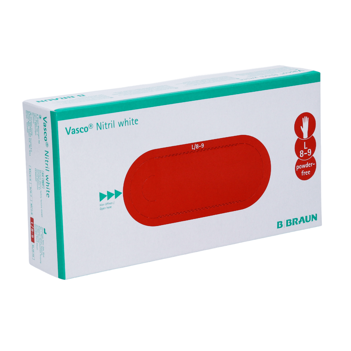 Krabice s bílými B. Braun Vasco® nitrilovými jednorázovými rukavicemi od B. Braun Deutschland GmbH & Co. KG, velikost 8-9. Obal má červený oválný design se symbolem ruky v rohu, který označuje rukavice bez latexu a bez pudru.