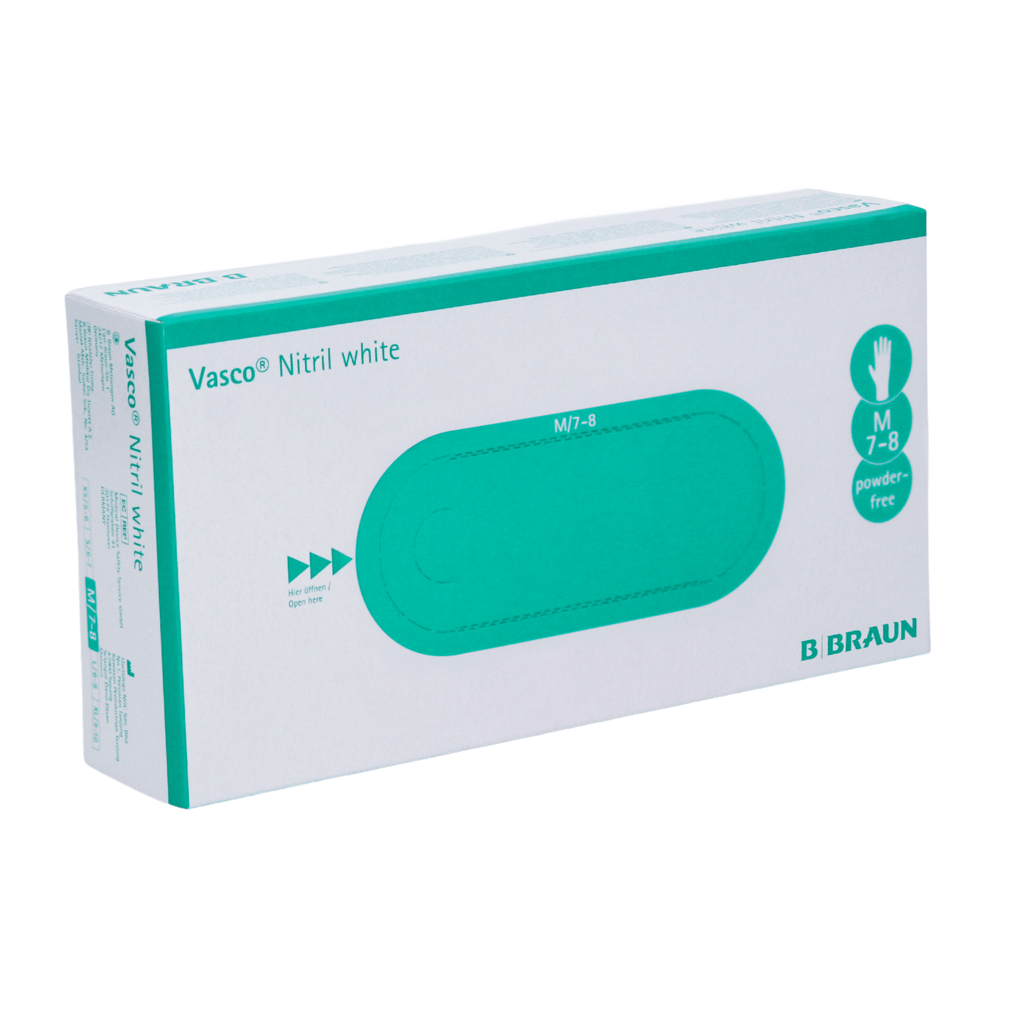 Obrázek ukazuje krabici bílých B. Braun Vasco® nitrilových jednorázových rukavic od B. Braun Deutschland GmbH & Co. KG, označené jako střední velikost 7-8 a bez pudru. Obal zdůrazňuje nitrilové rukavice bez latexu s modrozelenými akcenty a textem na převážně bílém pozadí.