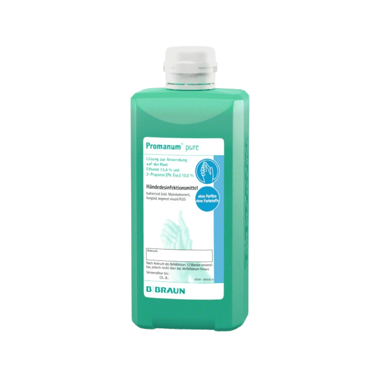 Promanum® pure dezinfekční prostředek na ruce od B. Braun Deutschland GmbH & Co. KG je zelená 500ml láhev s pokožce šetrným, alkoholovým dezinfekčním prostředkem na ruce s etiketou s podrobnostmi o produktu a obrázkem rukou a bílým víčkem.