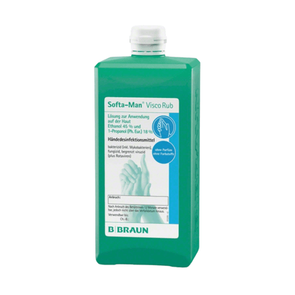 Zelená láhev „B. Braun Softa-Man® ViscoRub dezinfekce a péče o ruce“ od B. Braun Deutschland GmbH & Co. KG s upozorněním na snášenlivost s pokožkou. Na etiketě jsou uvedeny jako složky ethanol a 1-propanol, dále jsou zobrazeny dvě ruce a další text v němčině.