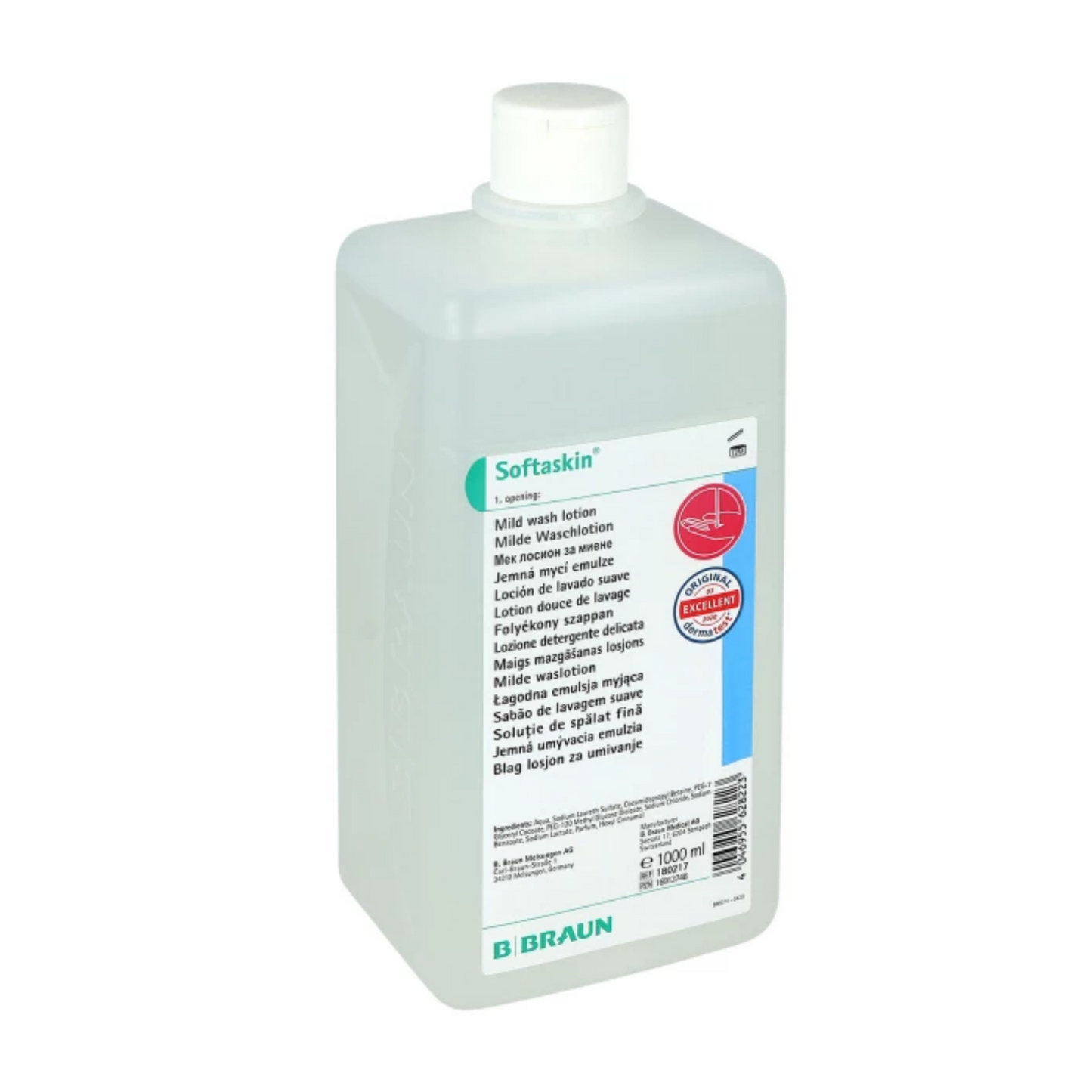 Die rechteckige, umweltfreundliche weiße Flasche B. Braun Softaskin® Waschlotion von B. Braun Deutschland GmbH & Co. KG zeigt auf dem Etikett vorn Text in mehreren Sprachen und verfügt über einen Drehverschluss. Sie enthält 1000 ml milde Waschlotion und unterstreicht damit ihr Engagement für mikroplastikfreie Produkte für eine umweltbewusste Wahl.