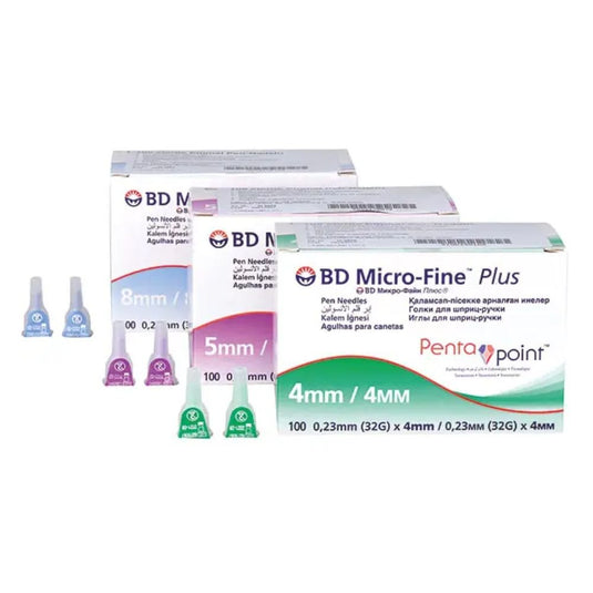 V nabídce jsou tři krabičky jehel BD Micro-Fine Plus pro inzulinová pera s technologií Pentapoint ve velikostech 4 mm, 5 mm a 8 mm. Každá krabička obsahuje 100 jehel s technologií Pentapoint, které zajišťují vysoký komfort. Barevně odlišené balení se perfektně hodí k různým typům inzulinových per. Značka: BD, Becton Dickinson GmbH.