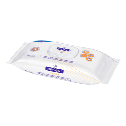 Balení BODE Mikrobac® Tissues ubrousků na dezinfekci povrchů v bílém plastovém obalu s modro-oranžovým designem a znovu uzavíratelným víkem. Obsah: 40 ubrousků od společnosti Paul Hartmann AG.