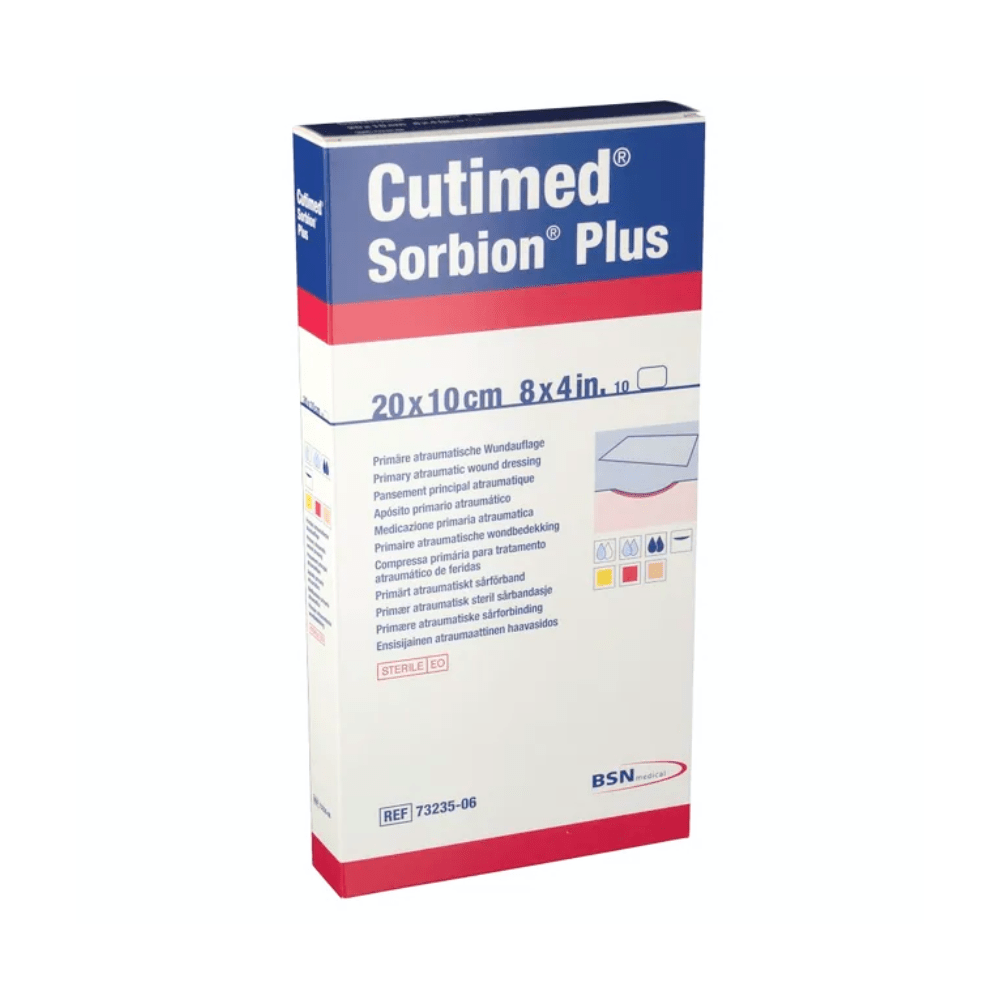BSN Cutimed® Sorbion® Plus Wundkontaktschicht od BSN Medical GmbH je lékařský obvaz s atraumatickou vrstvou pro lepší hojení. Balení má rozměry 20 x 10 cm (8 x 4 palce) a obsahuje pokyny a informace v několika jazycích. Krabice je převážně bílá s modrým a červeným textem.