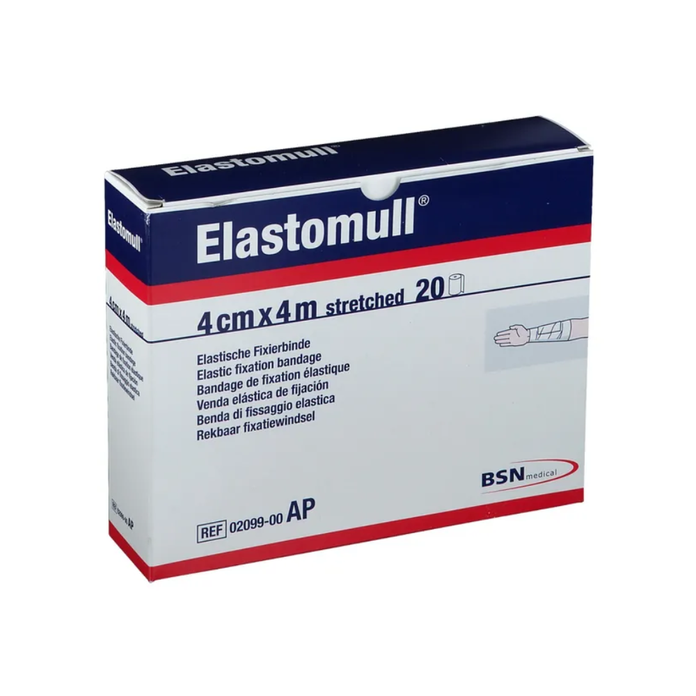 Krabice elastických obinadel BSN Elastomull® od společnosti BSN Medical GmbH s nápisem „4 cm x 4 m natažené“ obsahuje 20 kusů. Vícejazyčné balení zdůrazňuje vysoký obsah bavlny a dobrou snášenlivost s pokožkou a ukazuje schematické znázornění použití na paži.
