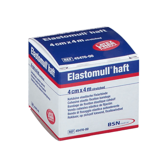 Krabička BSN Elastomull® haft, elastický fixační obvaz s polymerem bez latexu. Obal je bílý s modrým a červeným textem, rozměry jsou uvedeny v nataženém stavu jako 4 cm × 4 m, štítek od společnosti BSN Medical GmbH.