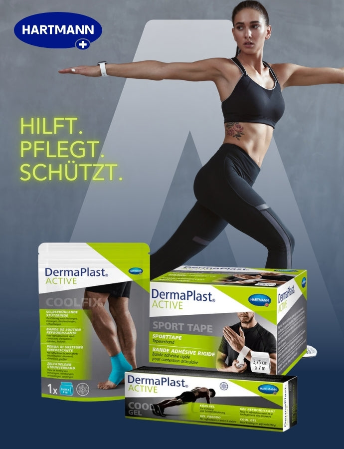 Eine Frau in Sportkleidung dehnt sich mit DermaPlast Active Produkten, einschließlich Cool-Fix, Sport Tape und Cool Gel, die in ihrer Verpackung gezeigt werden. Im Hintergrund ist der Text 