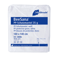 Balení pro ochranný plášť Meditrade BeeSana® PP 35g, bílý ochranný plášť pro použití v nemocnici od společnosti Meditrade GmbH. Balení má rozměry 140 x 140 cm a je ideální pro jednorázové použití. Obsahuje celkem 100 kusů na balení.