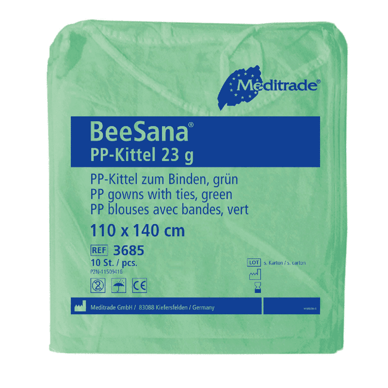 Zelené balení Meditrade BeeSana® PP-kittel 23g obsahuje text v němčině a francouzštině, který popisuje jednorázový ochranný plášť s prodyšnými pásky o rozměrech 110 x 140 cm. Každá krabice od Meditrade GmbH obsahuje 100 kusů.