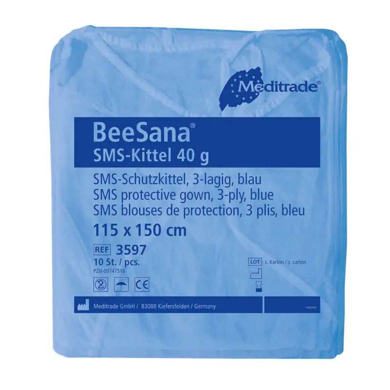 Uzavřené balení Meditrade BeeSana® SMS-plášť 40g, 3-vrstvý, od společnosti Meditrade GmbH, s 10 kusy. Balení obsahuje podrobnosti o produktu a certifikační loga.