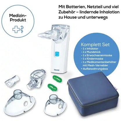 Der Beurer Inhalator To Go IH 5, ein Produkt der Beurer GmbH, verfügt über fortschrittliche Schwingmembran-Technologie und wird von wichtigem Zubehör wie einem Mundstück, Masken für Erwachsene und Kinder, einem Medikamentenbehälter und einem Netz begleitet. Er verfügt über eine Selbstreinigungsfunktion für eine einfache Wartung. Im Lieferumfang sind Batterien, ein Netzteil und eine Tragetasche enthalten – perfekt für den Einsatz zu Hause oder auf Reisen.