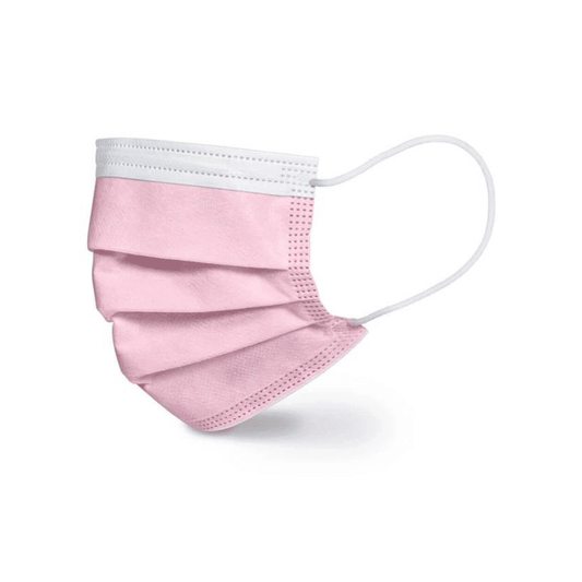 Eine Einweg-Gesichtsmaske in hellrosa mit weißen Ohrschlaufen und Saum. Die Beurer GmbH Beurer OP-Masken in rosa MM 15 – 10 Stück | Packung (10 Stück) verfügen über ein chirurgisches Design mit drei Falten und gewährleisten als 3-lagige Mund-Nasen-Maske Komfort und Schutz.