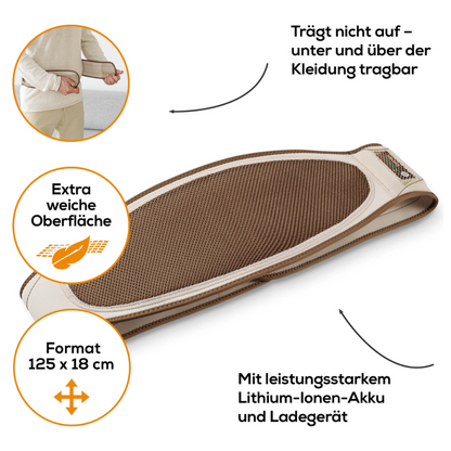 Obrázek ukazuje osobu, která si kolem pasu váže béžový Beurer HK 72 mobilní vyhřívací pás s baterií. Pás společnosti Beurer GmbH má strukturovaný povrch a je navržen tak, aby mohl být nošen pod nebo nad oblečením. Má extra měkký povrch, měří 125 x 18 cm a disponuje výkonnou lithium-iontovou baterií s funkcí rychlého ohřevu.