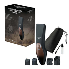 Obrázek sady HR 4000 Bartstyler od Beurer Barber’s Corner od Beurer GmbH. Obsahuje zastřihovač vousů, čtyři různé nástavce, čistící kartáček, olej, úložný vak se stahovací šňůrkou a krabici s obrázkem zastřihovače s nerezovou čepelí a logem.