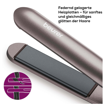 Detailní záběr na Beurer HS 15 Žehličku na vlasy. Obrázek zdůrazňuje pružinové topné desky s keramickým povrchem, které jsou navrženy pro jemné a rovnoměrné žehlení vlasů. Vložený diagram ukazuje, jak desky vlasy žehlí. Německý text od Beurer GmbH popisuje funkci.