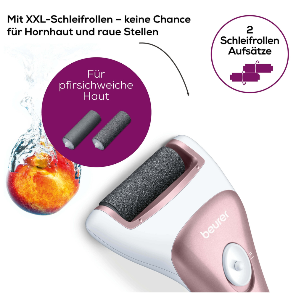 Obrázek ukazuje růžovo-bílý Beurer odstraňovač zrohovatělé kůže MP 55 (1 kus) od Beurer GmbH s německým textem. Tento elektrický odstraňovač zrohovatělé kůže je dodáván se dvěma nasazovacími XXL brusnými válečky, které jsou známé svou účinností proti kuřím okům a drsným místům a zajišťují hladkou pokožku. Má také praktický Micro-USB konektor pro nabíjení.