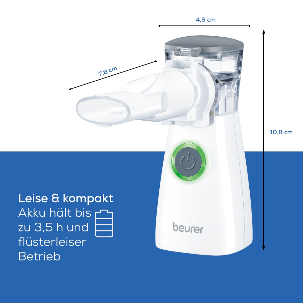 Abgebildet ist ein Beurer IH 57 Inhalator mit Schwimmmembran-Technologie der Beurer GmbH mit den angegebenen Abmessungen: 4,6 cm Breite, 10,8 cm Höhe und 7,8 cm Tiefe. Der Text lautet „Leise & kompakt, Akku hält bis zu 3,5 h und flüsterleiser Betrieb“, was übersetzt „Leise & kompakt, Akku hält bis zu 3,5 Stunden.“ bedeutet.