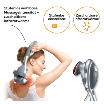 Osoba používá Beurer MG 70 infračervené masážní zařízení na svém rameni. Text vysvětluje nastavitelnou intenzitu poklepové masáže a volitelnou infračervenou teplotu produktu od Beurer GmbH. Dva symboly reprezentují nastavitelné úrovně a infračervenou teplotu. Další obrázek ukazuje detailní záběr infračerveného masážního zařízení s textem v němčině.
