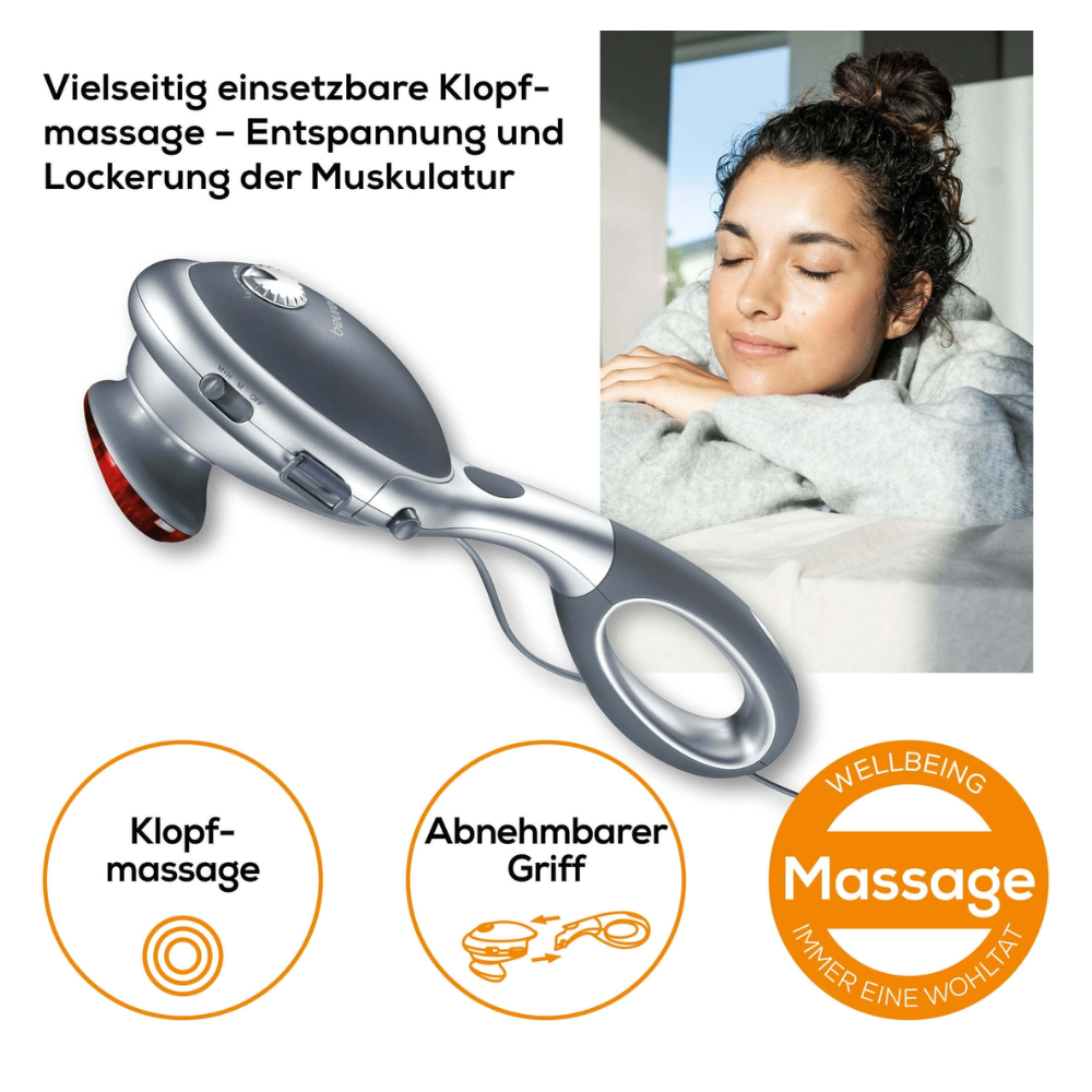 Vlevo je zobrazeno Beurer MG 70 infračervené masážní zařízení s odnímatelnou rukojetí. Vpravo odpočívá žena se zavřenýma očima a úsměvem na tváři na složených rukou. Text je v němčině a zdůrazňuje výhody jako uvolnění svalů a všestrannost.