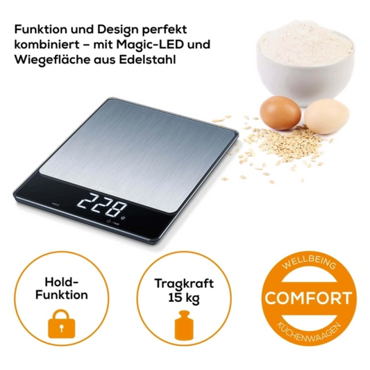 Eine digitale Eier- und Mehlwaage, die Beurer KS 34 XL Edelstahl-Küchenwaage, verfügt über ein elegantes Edelstahl-Design.