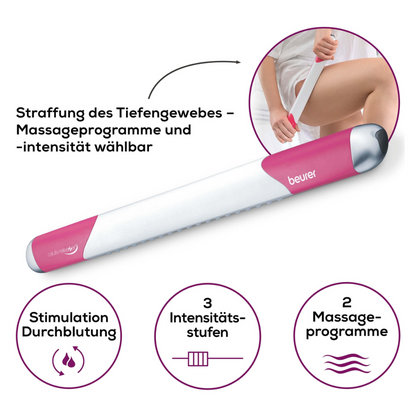 Obrázek masážního zařízení Beurer s německým textem a symboly. Obrázek ukazuje ženu, která používá Beurer cellulite releaZer® compact, masážní zařízení proti celulitidě | balení (1 kus) na svém stehně. Zvýrazněny jsou funkce jako hloubkové zpevnění tkáně, volitelné masážní programy a intenzita, zlepšené prokrvení, tři úrovně intenzity a dva masážní programy.