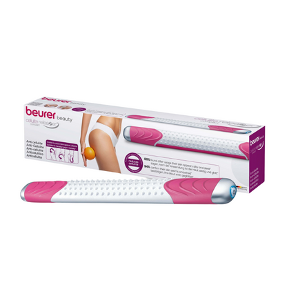Obrázek zařízení Beurer cellulite releaZer® compact, masážního zařízení proti celulitidě v růžové a bílé barvě. Kompaktní masážní zařízení proti celulitidě od společnosti Beurer GmbH má strukturovaný povrch válce a je dodáváno v balení s obrázky, které demonstrují použití na zadní straně stehna ženy. Balení obsahuje text a symboly, které zdůrazňují funkce a výhody produktu, včetně vibrační masáže.