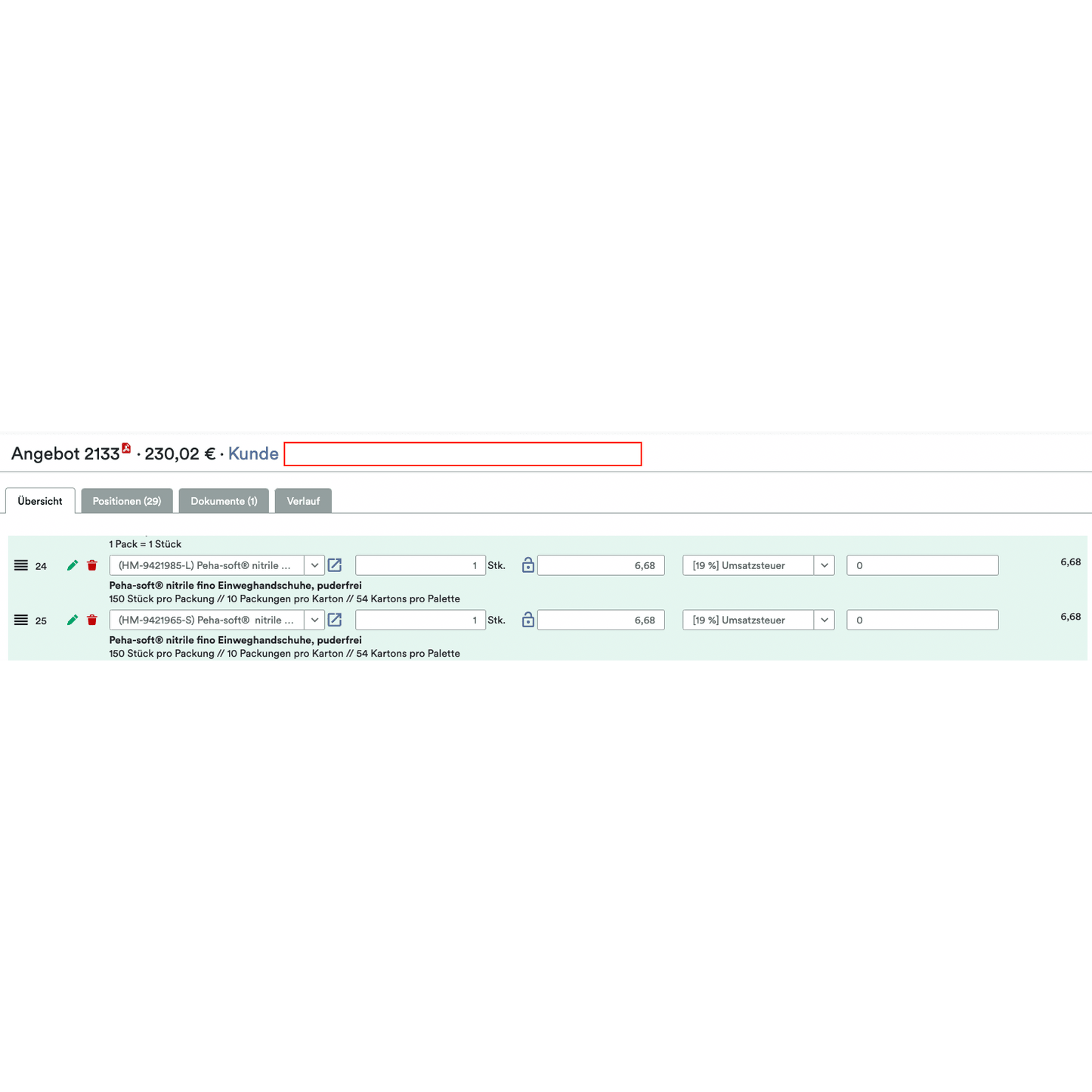 Německé WooCommerce B2B rozhraní od Altruan zobrazuje "Shopify B2B Order Tool: Objednávkový nástroj s objednávkovým budíkem a zákaznickými cenami" s možnostmi množství, balení, daňová sazba, individuální ceny; celková nabídka: 230,02 € za dva artikly.
