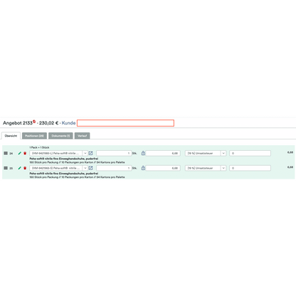 Německé WooCommerce B2B rozhraní od Altruan zobrazuje "Shopify B2B Order Tool: Objednávkový nástroj s objednávkovým budíkem a zákaznickými cenami" s možnostmi množství, balení, daňová sazba, individuální ceny; celková nabídka: 230,02 € za dva artikly.