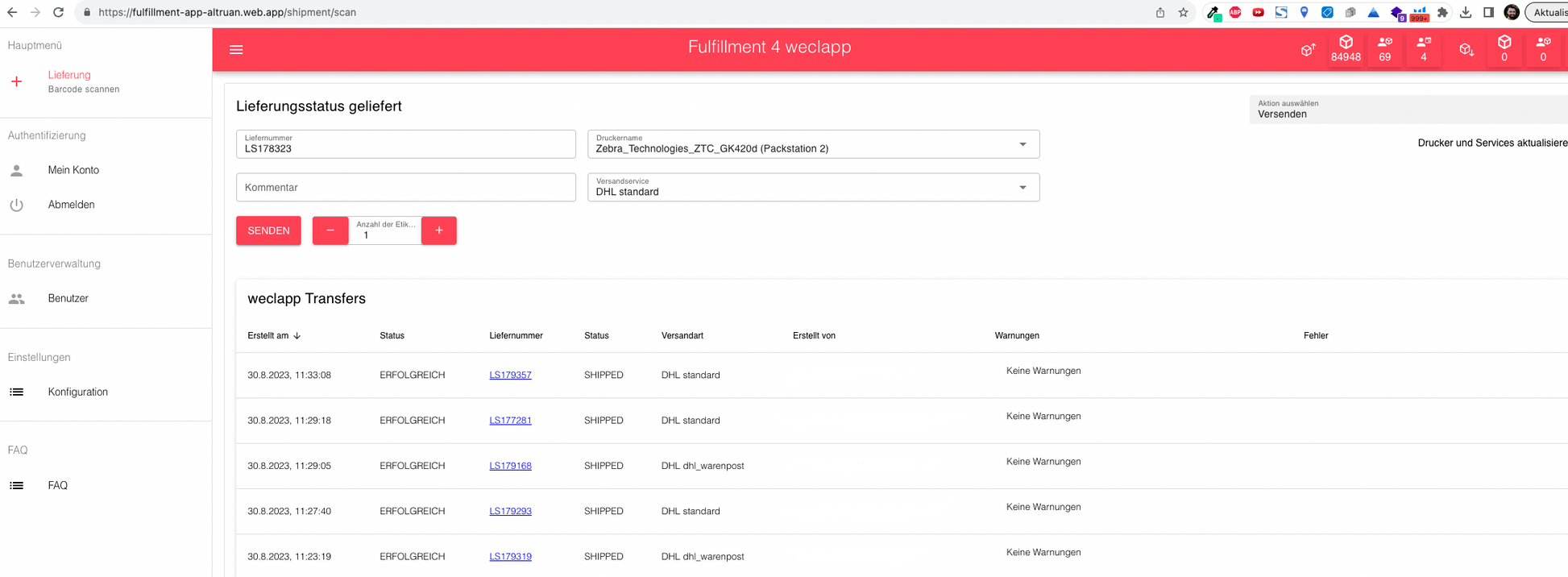 Screenshot der Altruan PackMaster App-Schnittstelle für das Fulfillment-Management mit Registerkarten wie „Planung“, „Versandlabelerstellung“ und anderen sowie einem Abschnitt zum Eingeben von Auftragsdetails wie Auftragsnummer usw.
