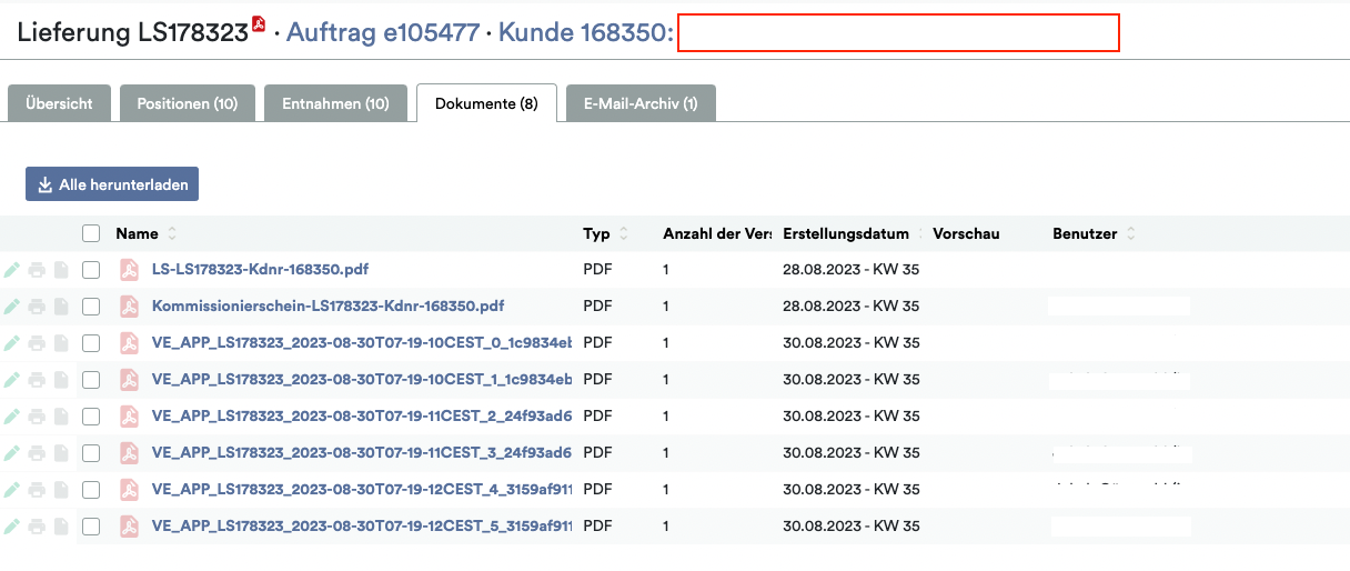 Ein Screenshot der Weclapp Logistik Packing App, der ein digitales Dokumentensystem mit einer Liste von PDF-Dateien zeigt, denen jeweils spezifische Metadaten wie Typ, Seitenzahl, Erstellungsdatum und verborgene Benutzerinformationen zugeordnet sind.