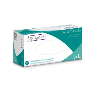 Krabice jednorázových rukavic Bingold Vinyl 45PLUS, velikost 9/L, od společnosti BINGOLD GmbH + Co. KG. Balení je převážně bílé se zelenými a modrými akcenty, označené jako alternativa k latexu a bez pudru. Obsahuje 100 průhledných vinylových rukavic.