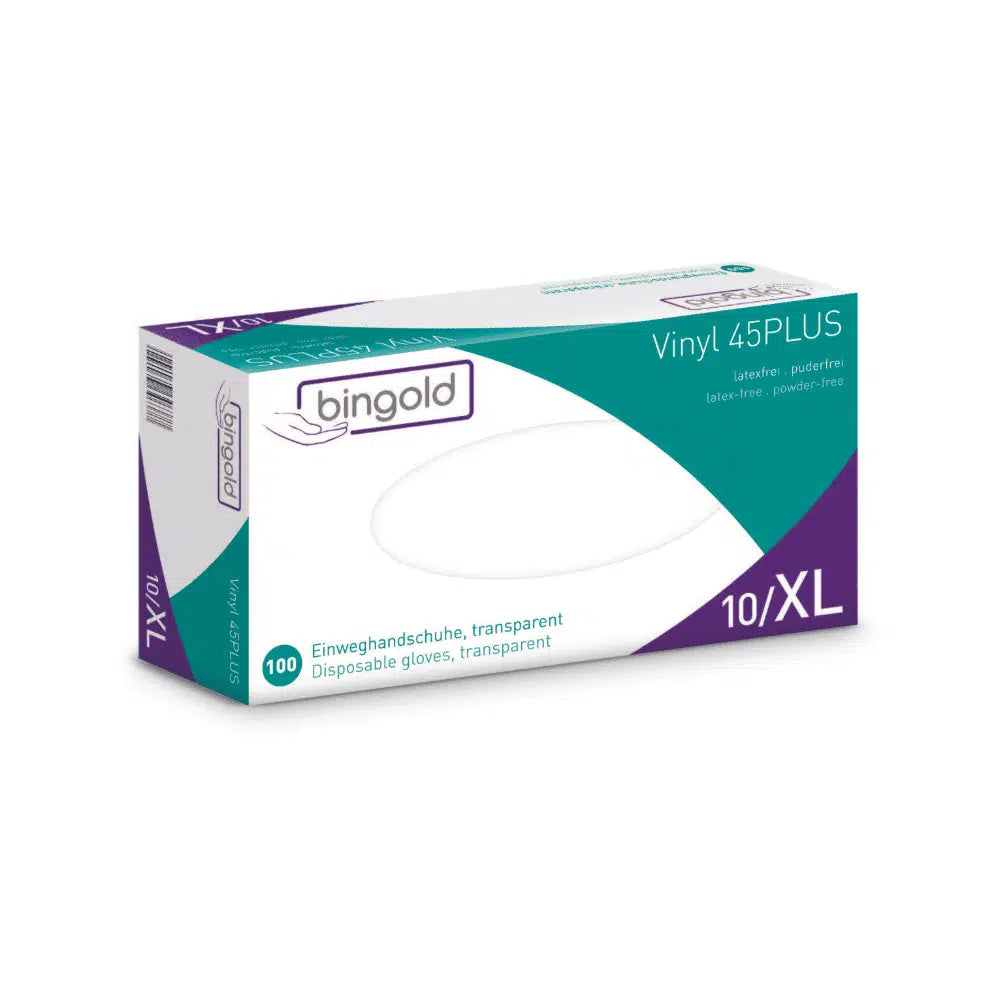 Krabice jednorázových rukavic Bingold Vinyl 45PLUS ve velikosti XL, s bílomodrozeleným balením s fialovými akcenty, propaguje tyto rukavice jako alternativu k latexu bez latexu a pudru. Balení obsahuje 100 průhledných rukavic.