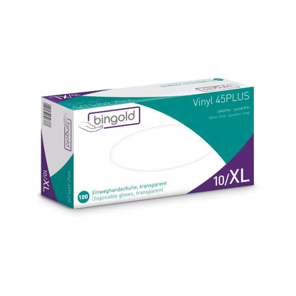 Krabice jednorázových rukavic Bingold Vinyl 45PLUS ve velikosti XL, s bílomodrozeleným balením s fialovými akcenty, propaguje tyto rukavice jako alternativu k latexu bez latexu a pudru. Balení obsahuje 100 průhledných rukavic.