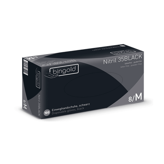 Představujeme krabičku černých nitrilových rukavic Bingold Nitril 35BLACK, výrobek společnosti BINGOLD GmbH + Co. KG. Tyto rukavice střední velikosti jsou ideální pro hygienické účely, neobsahují latex ani pudr a na obalu mají vícejazyčný text.