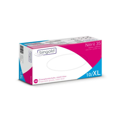 Bingold Nitril 35 jednorázové rukavice od BINGOLD GmbH + Co. KG ve fialovo-modré barvě jsou bez latexu a pudru. K dispozici ve velikosti XL s 100 rukavicemi na karton, tyto rukavice z nitril-butadienového kaučuku poskytují ochranu před chemickými nebezpečími. Balené v modré a bílé s uvedením podrobností o produktu.