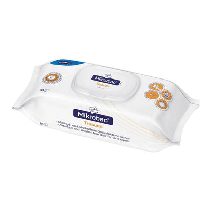 Balení BODE Mikrobac® Tissues ubrousků na dezinfekci povrchů s nápisem „bez alkoholu“ obsahuje 80 ubrousků. Balení je převážně bílé s modrou a oranžovou barvou a vyrábí ho společnost Paul Hartmann AG.