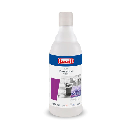 600ml láhev přípravku Buzil Air Provence G 565 – hotového spreje do interiéru od společnosti BUZIL-WERK Wagner GmbH & Co. KG, opatřená bílo-modrou etiketou s logem značky, názvem produktu a obrázky čistých interiérů.