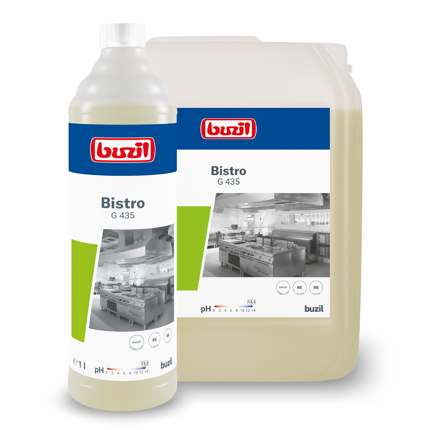 Na obrázku jsou dva kontejnery s Buzil Bistro G 435 intenzivním kuchyňským a odmašťovacím čističem od BUZIL-WERK Wagner GmbH & Co. KG. Větší je průhledný džbán, menší je čirá láhev. Oba jsou opatřeny etiketami s kuchyňským obrázkem a detaily produktu pro hygienicky čisté povrchy. Ideální jako silný odmašťovač pro bezchybný výsledek.