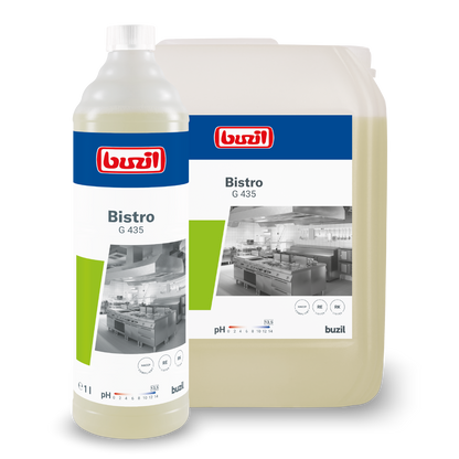 Na obrázku jsou dva kontejnery s Buzil Bistro G 435 intenzivním kuchyňským a odmašťovacím čističem od BUZIL-WERK Wagner GmbH & Co. KG. Větší je průhledný džbán, menší je čirá láhev. Oba jsou opatřeny etiketami s kuchyňským obrázkem a detaily produktu pro hygienicky čisté povrchy. Ideální jako silný odmašťovač pro bezchybný výsledek.