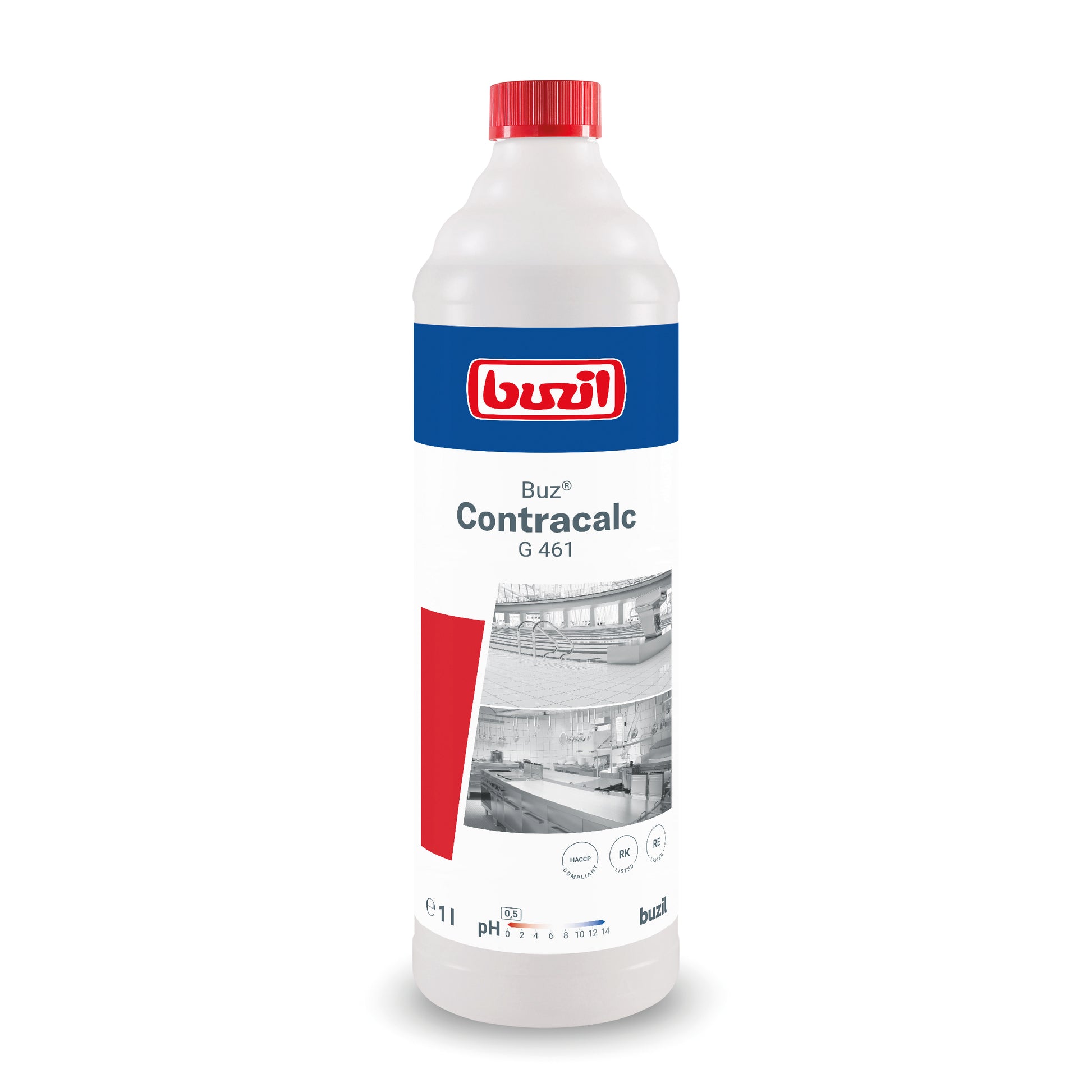 Eine 1-Liter-Flasche Buzil Buz® Contracalc G 461 Farbloser Grundreiniger und Entkalker von BUZIL-WERK Wagner GmbH & Co. KG verfügt über Produktdetails, eine rote Kappe und ein Anwendungsbild. Dieser Reiniger auf Phosphorsäurebasis eignet sich ideal zum Reinigen und Entkalken.