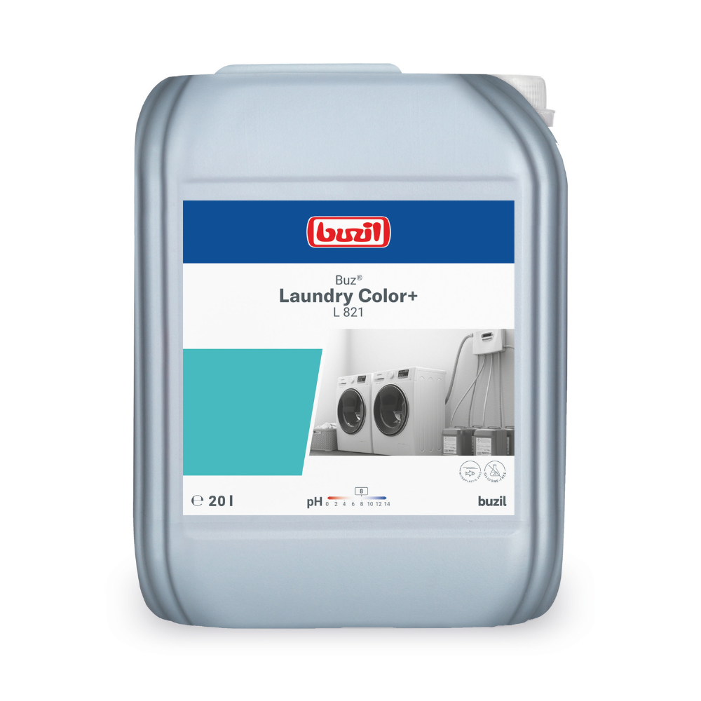 Das Buzil Buz® Laundry Color+ L 821 Flüssigwaschmittel, ein großer grauer Kunststoffbehälter, zeigt auf seinem Etikett Waschmaschinen- und Wäschefaltbilder. Dieses 20-Liter-Waschmittel ist perfekt für Textilien, ideal sowohl für bunte als auch für empfindliche Textilien. Das Etikett zeigt außerdem eine pH-Skala und oben prominent das Logo der BUZIL-WERK Wagner GmbH & Co. KG.