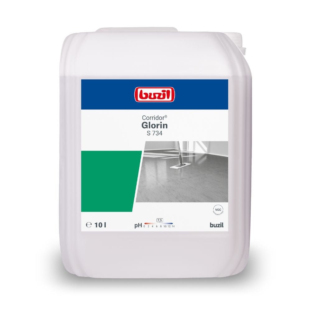 Buzil Corridor® Glorin S 734 univerzální samolešticí disperze v plastovém kanystru od BUZIL-WERK Wagner GmbH & Co. KG je ideální pro PVC a linoleové podlahy. Přední etiketa ukazuje design v modré, zelené a šedé barvě s obrázkem mopu na dlaždicové podlaze. Tento 10litrový kanystr nabízí efektivní samolešticí disperzní roztok.