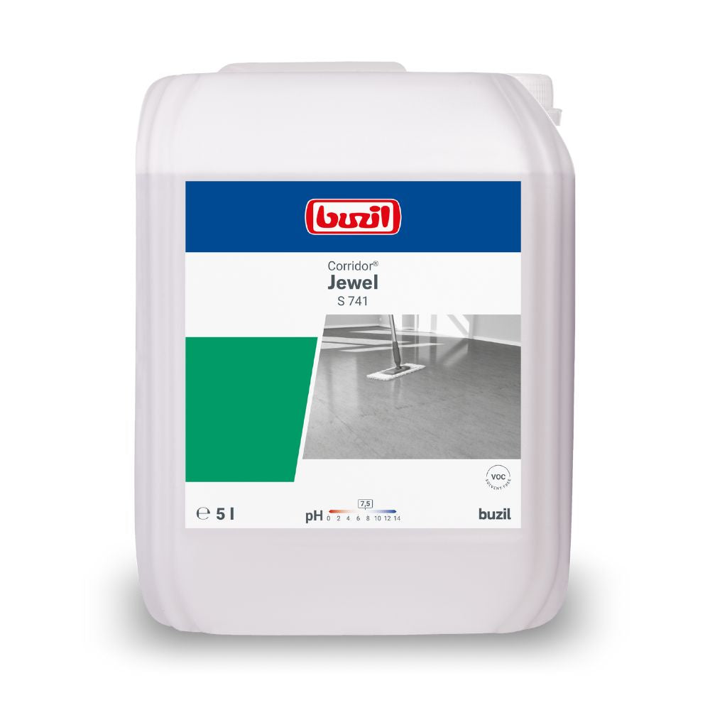 Zobrazen je 5litrový kanystr s čističem podlah Buzil Corridor® Jewel S 741 vysokovýkonná disperze od BUZIL-WERK Wagner GmbH & Co. KG. Štítek ukazuje logo značky, název produktu a obrázek lesklé podlahy. Uvádí pH hodnotu 7,8 a má symbol vhodnosti pro PVC, což ho činí ideálním pro účely nátěrů podlah.