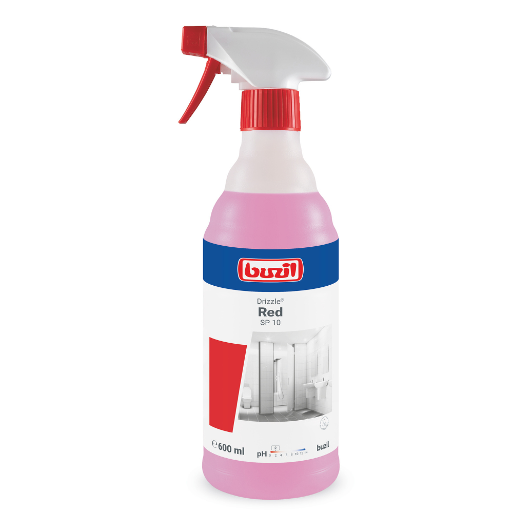 Sprejová láhev s nápisem „Buzil Drizzle® Red SP 10 hotový sanitární pěnový čistič“ od společnosti BUZIL-WERK Wagner GmbH & Co. KG obsahuje 600 ml koupelnové čisticí pěny pro optimální výkon. Růžová kapalina se nachází v láhvi s červeno-bílou sprejovou tryskou, na etiketě je vyobrazena koupelna.